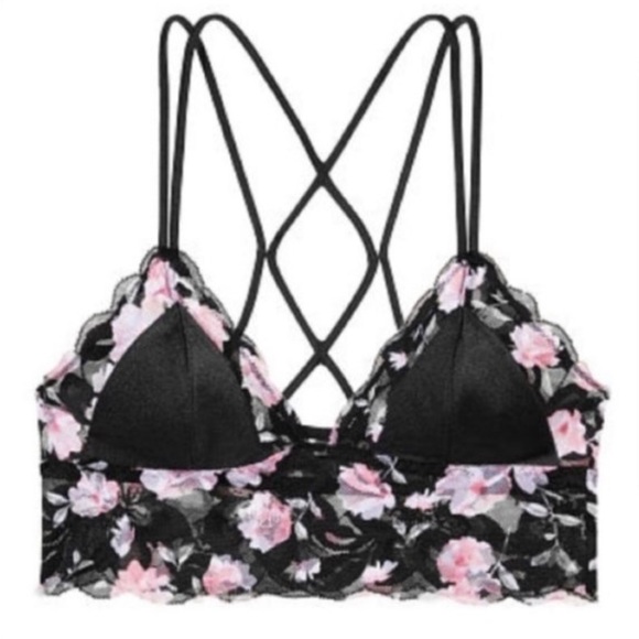 NWOT PINK Victoria’s Secret Unlined Satin Lace Bralette, Floral Pink/Black - Picture 2 of 10